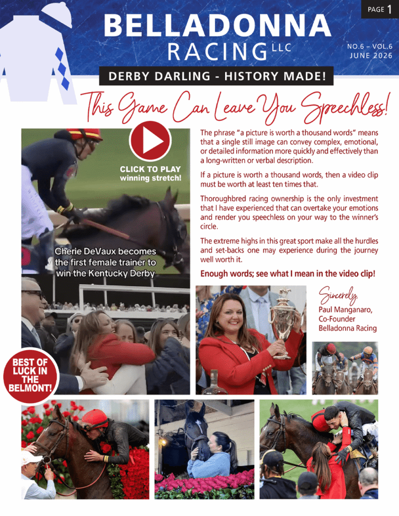 Belladonna Racing magazine cover with a collage of race photos, the title 'Derby Darling — History Made!' and the tagline 'This Game Can Leave You Speechless!'