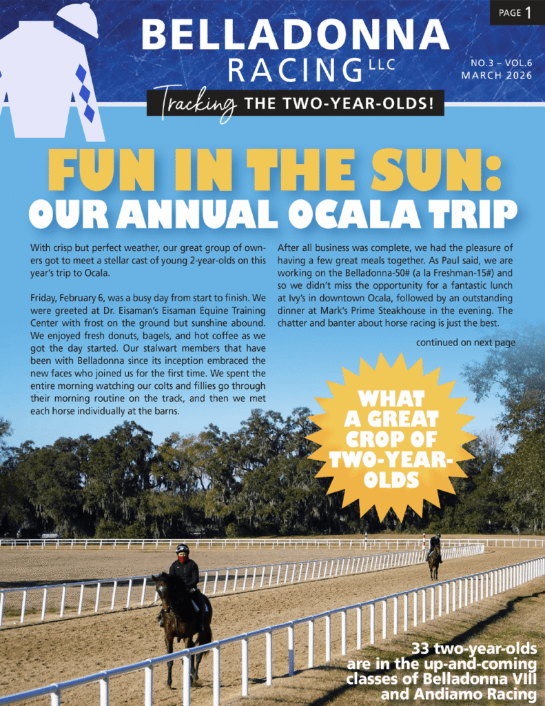 Belladonna Racing magazine cover: bold title, 'Fun in the Sun: Our Annual Ocala Trip', starburst graphic, and riders on a sunny racetrack.
