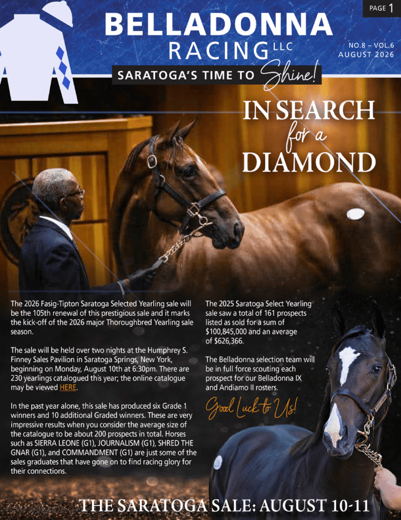 Cover of Belladonna Racing magazine featuring a brown horse and a man in a suit with the headline 'In Search for a Diamond'.